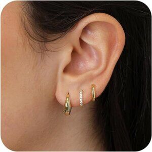Gold Hoop Earrings Set for Women, 14K Small Huggie Earrings for Multiple Piercin